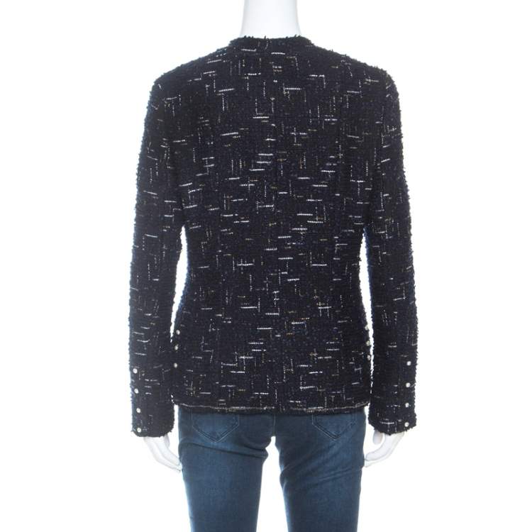 Pre Owned Chanel Navy Blue Metallic Tweed Pearl Embellished Jacket L