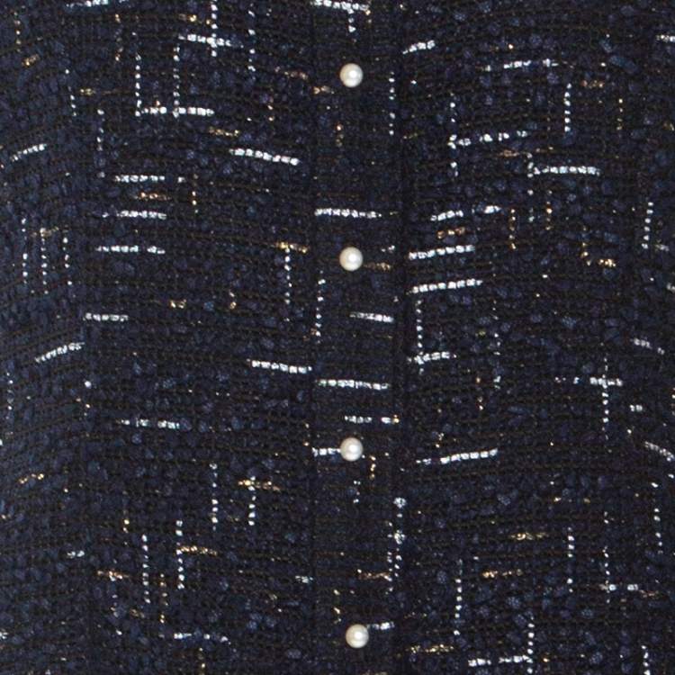 Pre Owned Chanel Navy Blue Metallic Tweed Pearl Embellished Jacket L