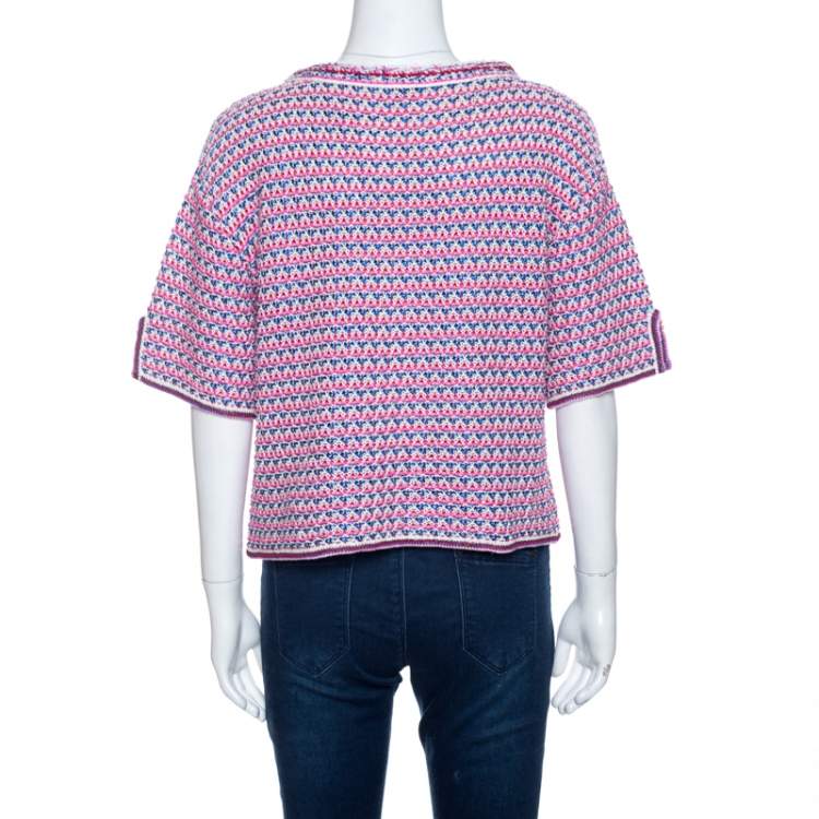 Pre Owned Chanel Mulitcolor Crochet Knit Short Sleeve Top M