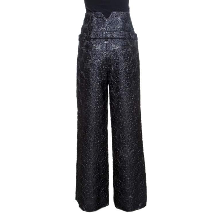Pre Owned Chanel Black Floral Jacquard Metallic Weave Detail High Waisted Trousers L