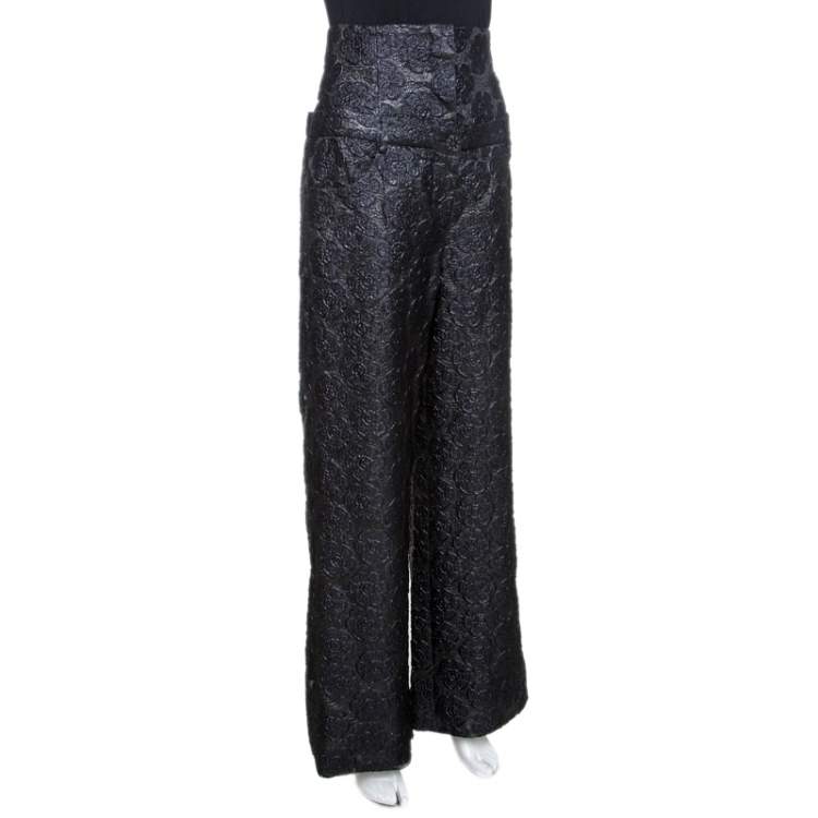 Pre Owned Chanel Black Floral Jacquard Metallic Weave Detail High Waisted Trousers L