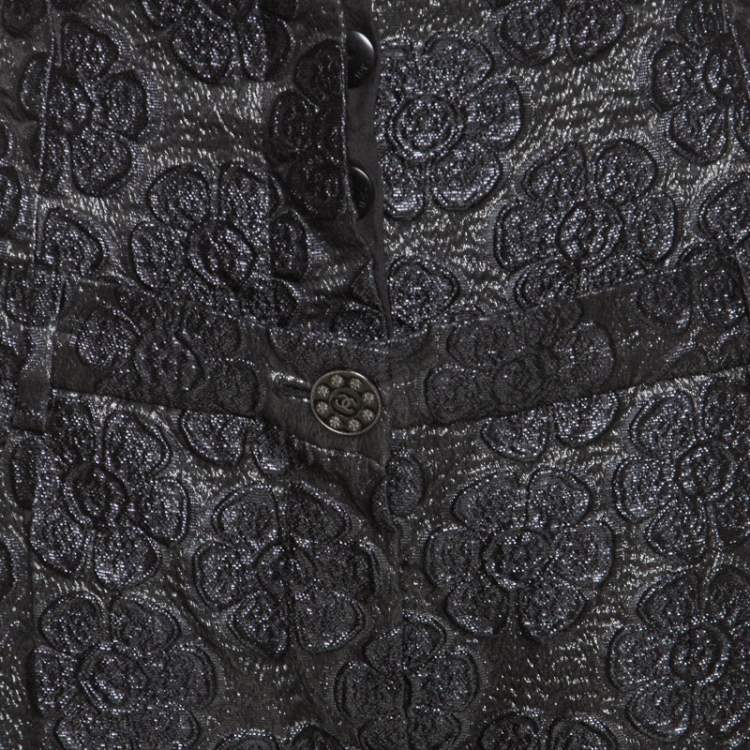Pre Owned Chanel Black Floral Jacquard Metallic Weave Detail High Waisted Trousers L