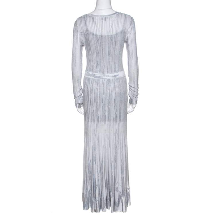 Pre Owned Chanel Grey Knit Lurex Detail Long Sleeve Maxi Dress M