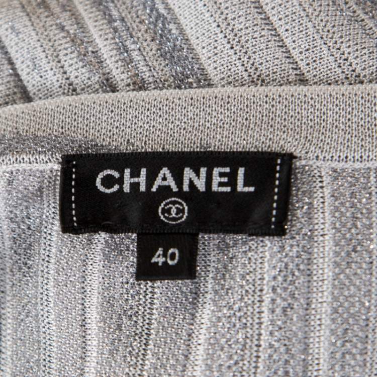 Pre Owned Chanel Grey Knit Lurex Detail Long Sleeve Maxi Dress M