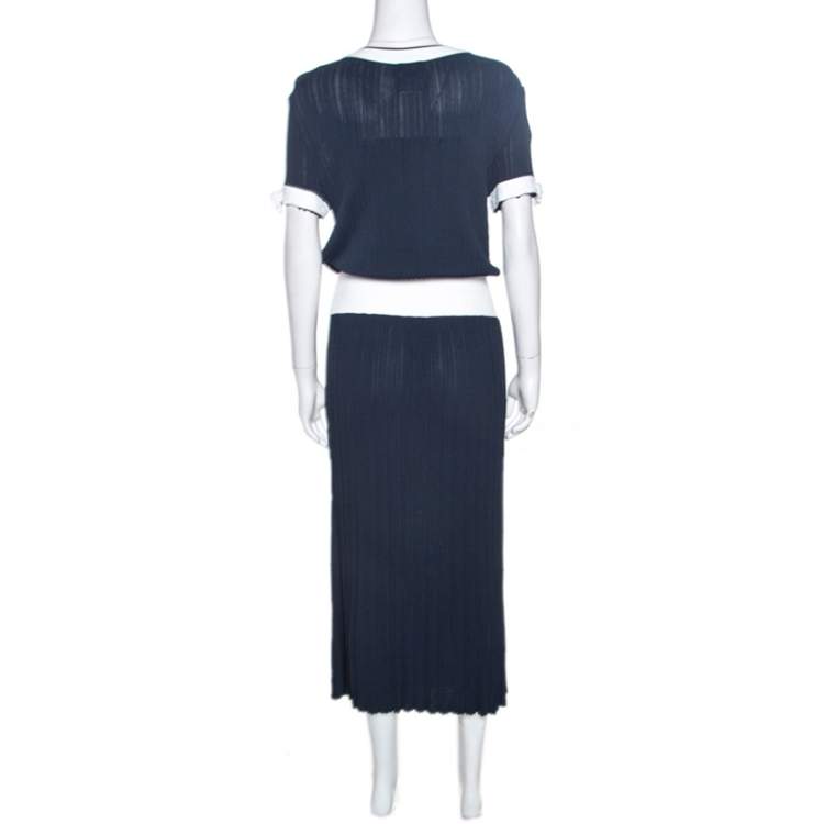 Pre Owned Chanel Navy Blue Rib Knit Contrast Trim Detail Midi Dress M