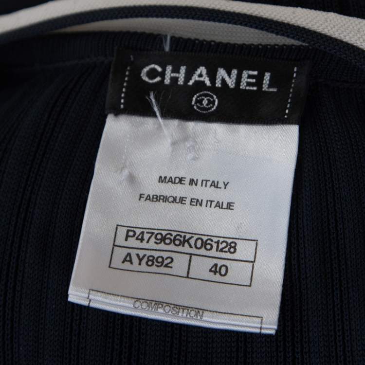 Pre Owned Chanel Navy Blue Rib Knit Contrast Trim Detail Midi Dress M