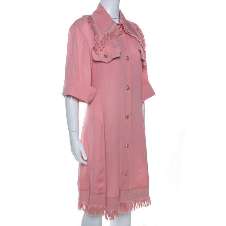 Pre Owned Chanel Pink Silk Crepe Fringed Shift Dress M