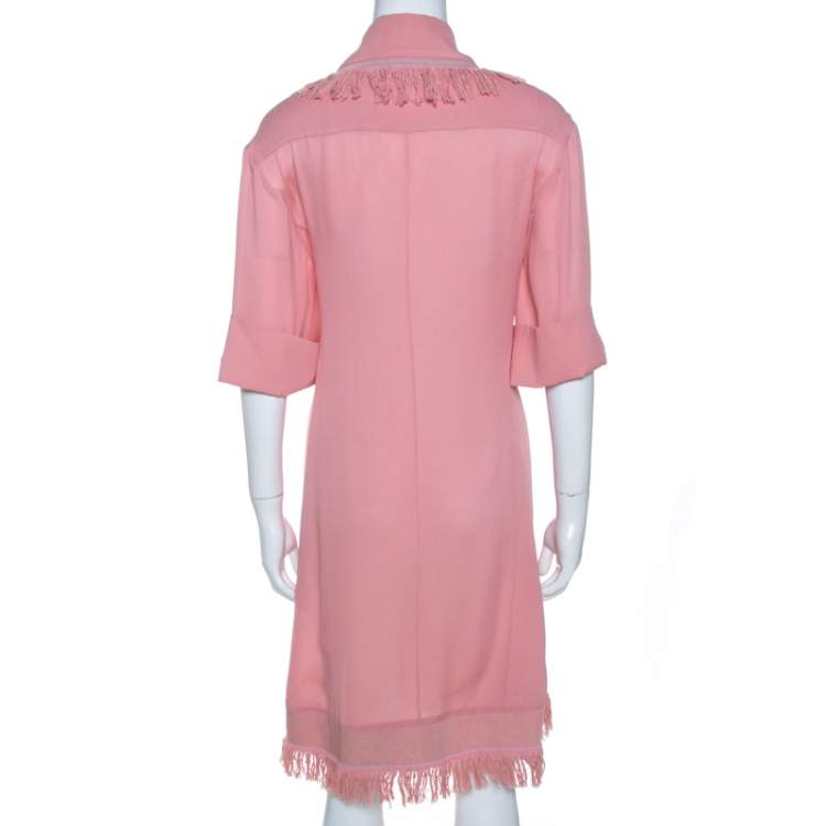 Pre Owned Chanel Pink Silk Crepe Fringed Shift Dress M
