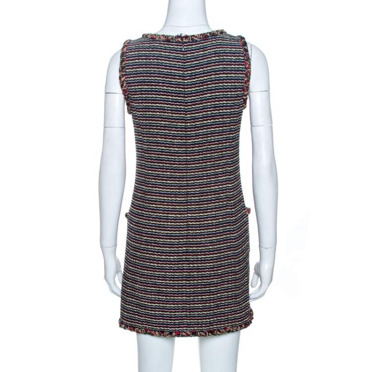 Pre Owned Chanel Black Striped Tweed Wool Mini Dress S