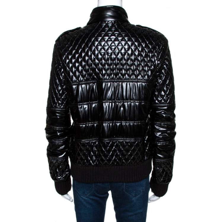 Pre Owned Chanel Black Quilted Rib Knit Trim Bomber Jacket L