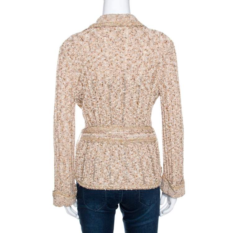 Pre Owned Chanel Beige Lurex Tweed Belted Cardigan L