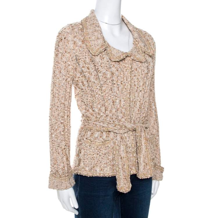 Pre Owned Chanel Beige Lurex Tweed Belted Cardigan L