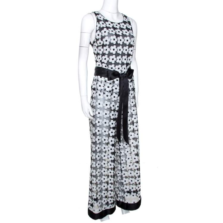 Pre Owned Chanel Monochrome Floral Sequined Mesh Palazzo & Top Set M