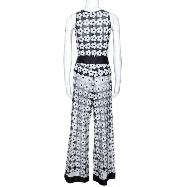 Pre Owned Chanel Monochrome Floral Sequined Mesh Palazzo & Top Set M