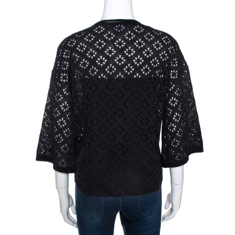 Pre Owned Chanel Black Eyelet Knit Silk Cardigan S