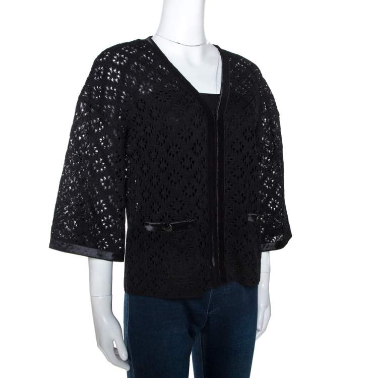 Pre Owned Chanel Black Eyelet Knit Silk Cardigan S