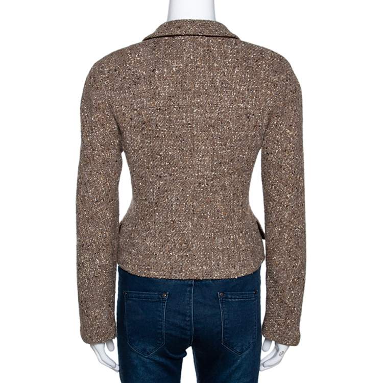 Pre Owned Chanel Brown Wool Tweed Lurex Detail Cropped Jacket M