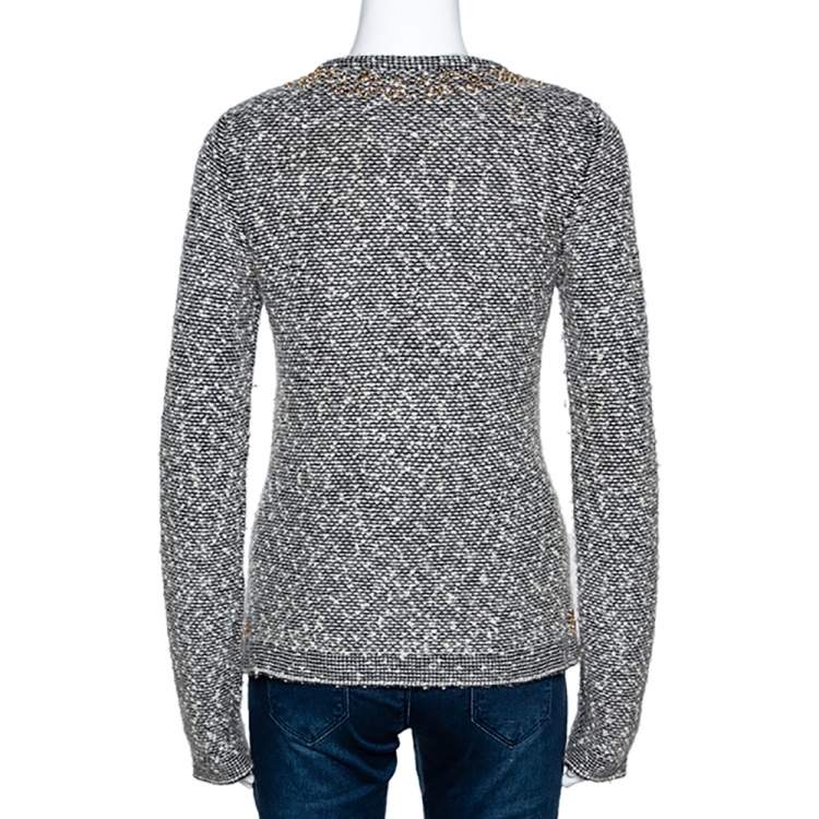 Pre Owned Chanel Monochrome Alpaca Wool Studded Boucle Cardigan M