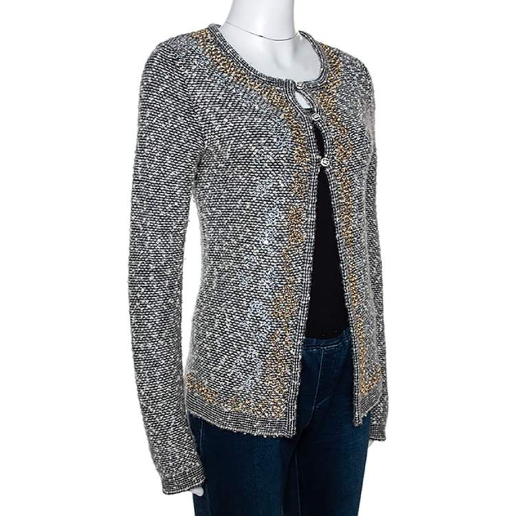 Pre Owned Chanel Monochrome Alpaca Wool Studded Boucle Cardigan M