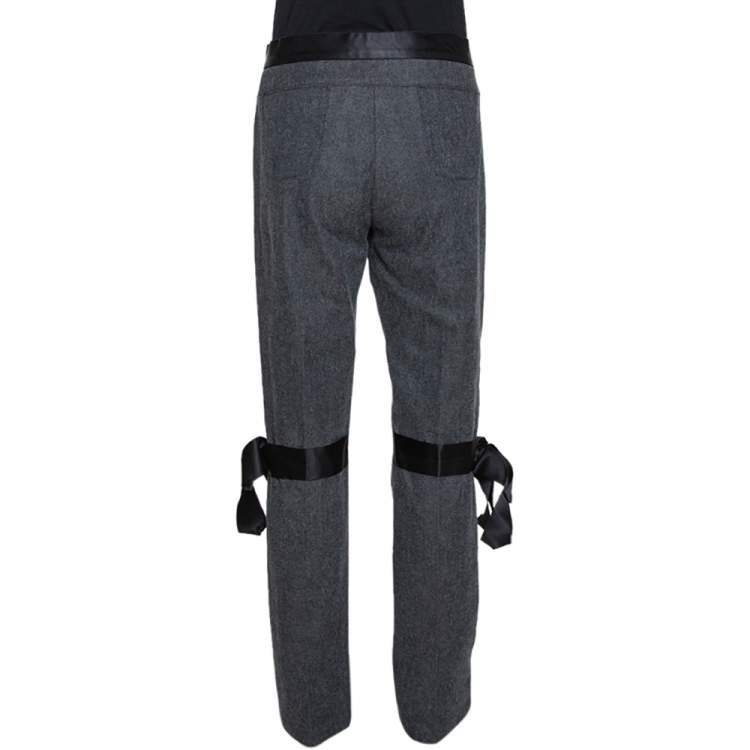 Pre Owned Chanel Grey Stretch Cotton Ribbon Detail Straight Fit Trousers L