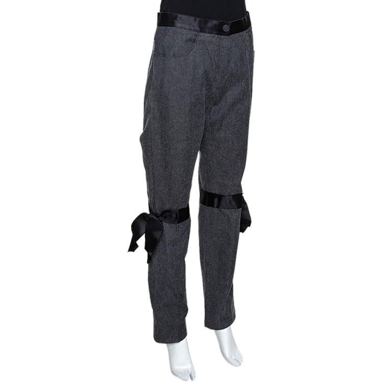 Pre Owned Chanel Grey Stretch Cotton Ribbon Detail Straight Fit Trousers L