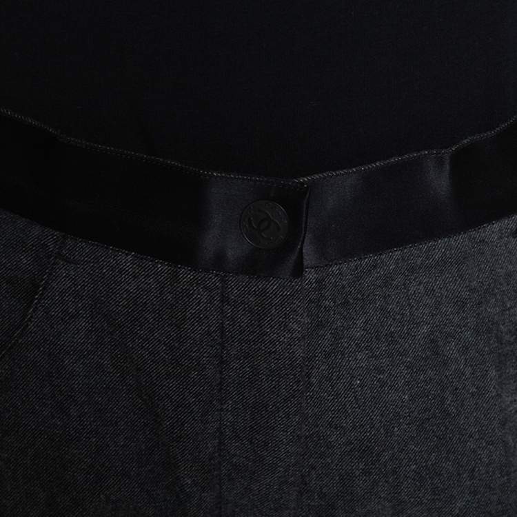 Pre Owned Chanel Grey Stretch Cotton Ribbon Detail Straight Fit Trousers L