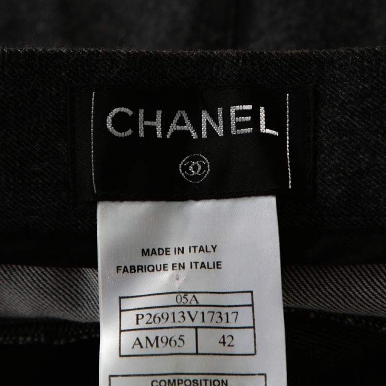 Pre Owned Chanel Grey Stretch Cotton Ribbon Detail Straight Fit Trousers L