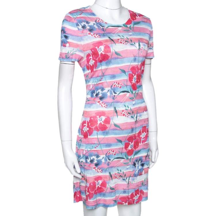 Pre Owned Chanel Pink Striped Floral Print Knit Shift Dress L