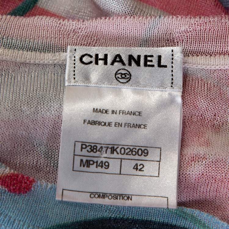 Pre Owned Chanel Pink Striped Floral Print Knit Shift Dress L