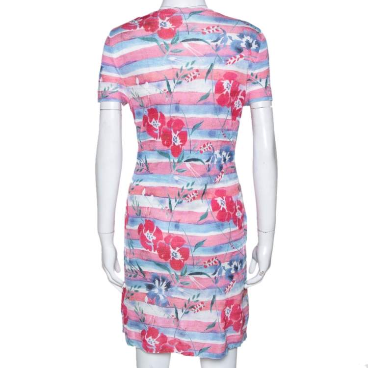 Pre Owned Chanel Pink Striped Floral Print Knit Shift Dress L