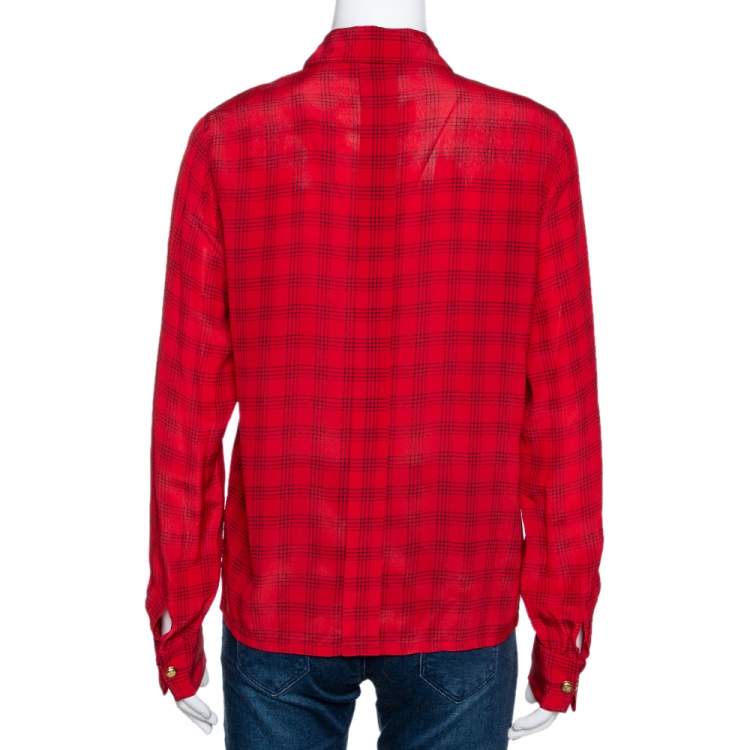 Pre Owned Chanel Red Printed Silk Button Front Long Sleeve Shirt M