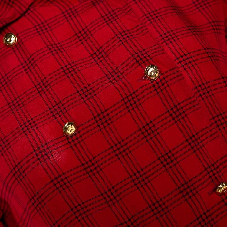 Pre Owned Chanel Red Printed Silk Button Front Long Sleeve Shirt M
