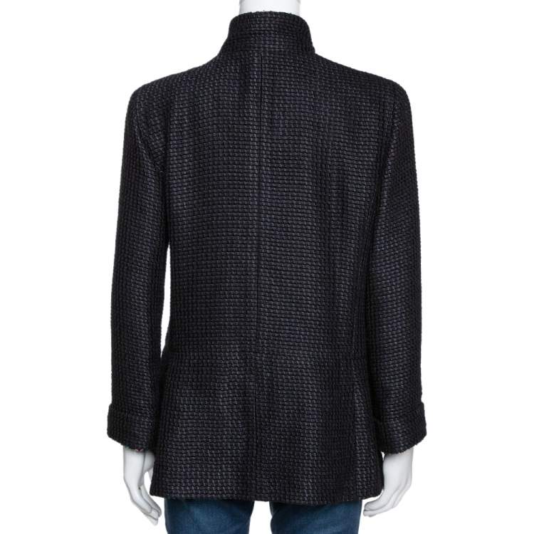 Pre Owned Chanel Black Silk Sequin Embellished Double Breasted Jacket L 