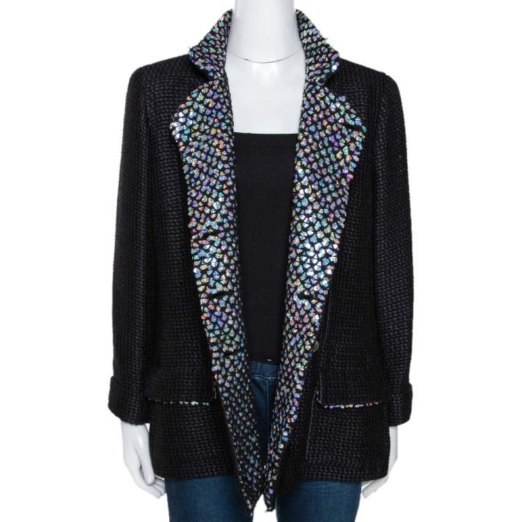 Pre Owned Chanel Black Silk Sequin Embellished Double Breasted Jacket L 