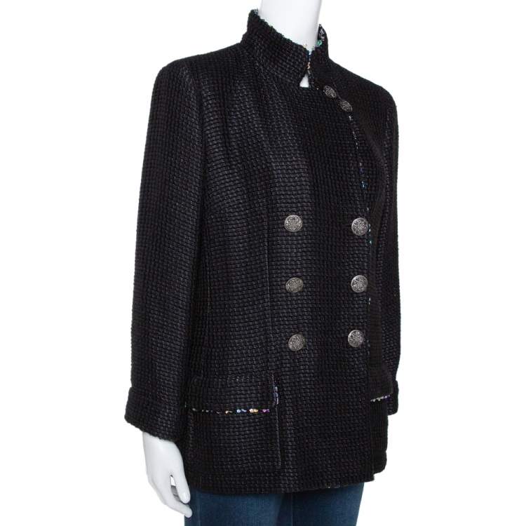 Pre Owned Chanel Black Silk Sequin Embellished Double Breasted Jacket L 