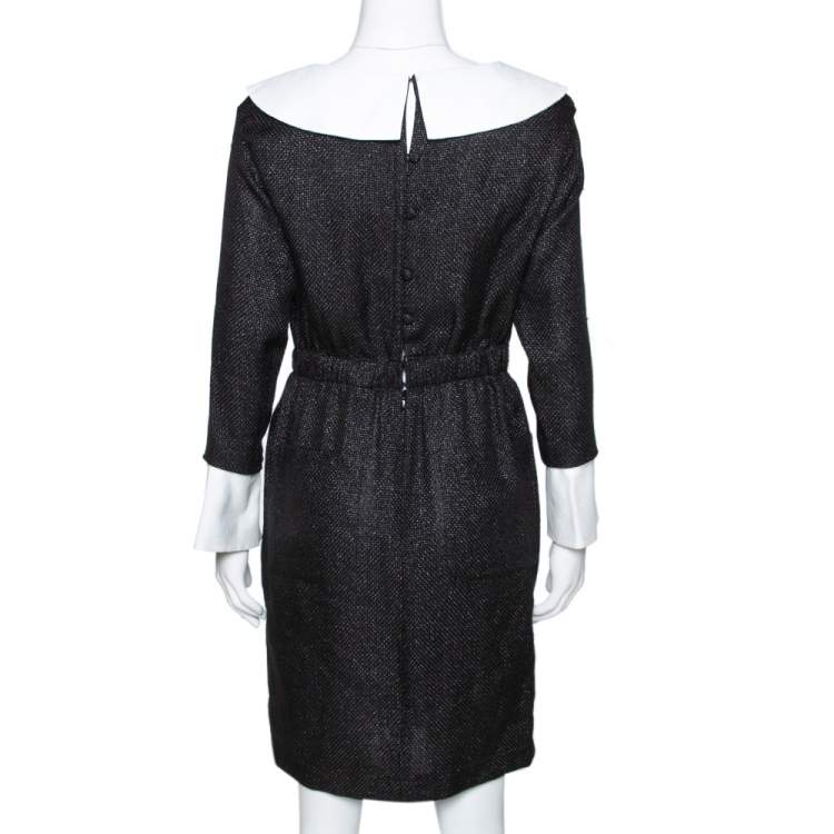 Pre Owned Chanel Monochrome Lurex Cotton Blend Collared Sheath Dress M