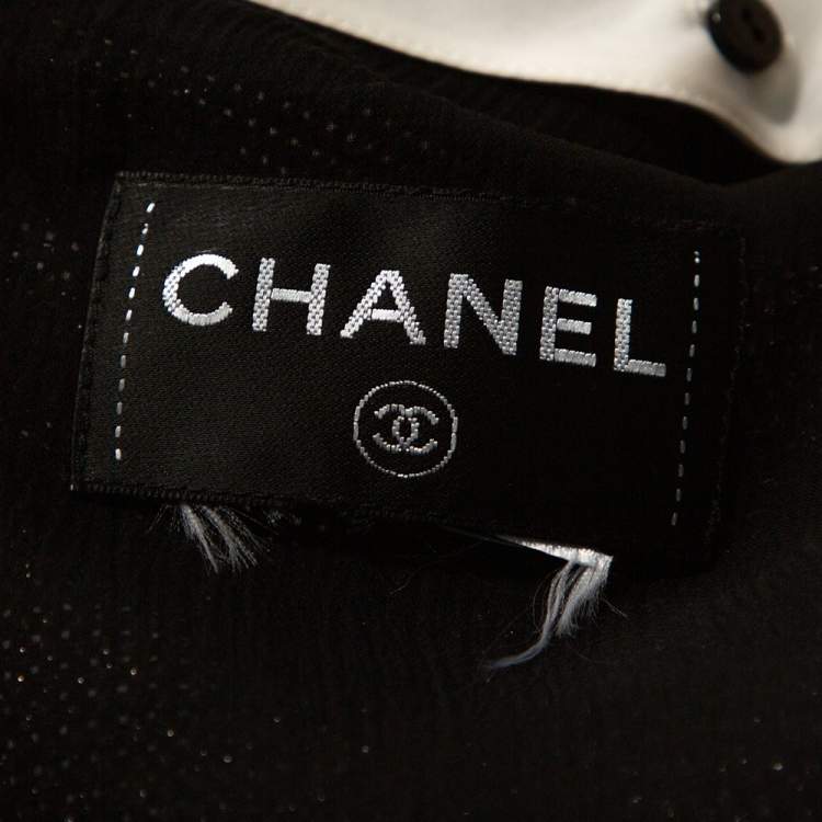 Pre Owned Chanel Monochrome Lurex Cotton Blend Collared Sheath Dress M