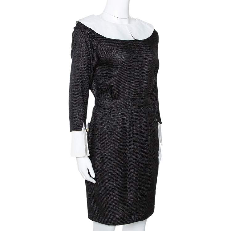 Pre Owned Chanel Monochrome Lurex Cotton Blend Collared Sheath Dress M