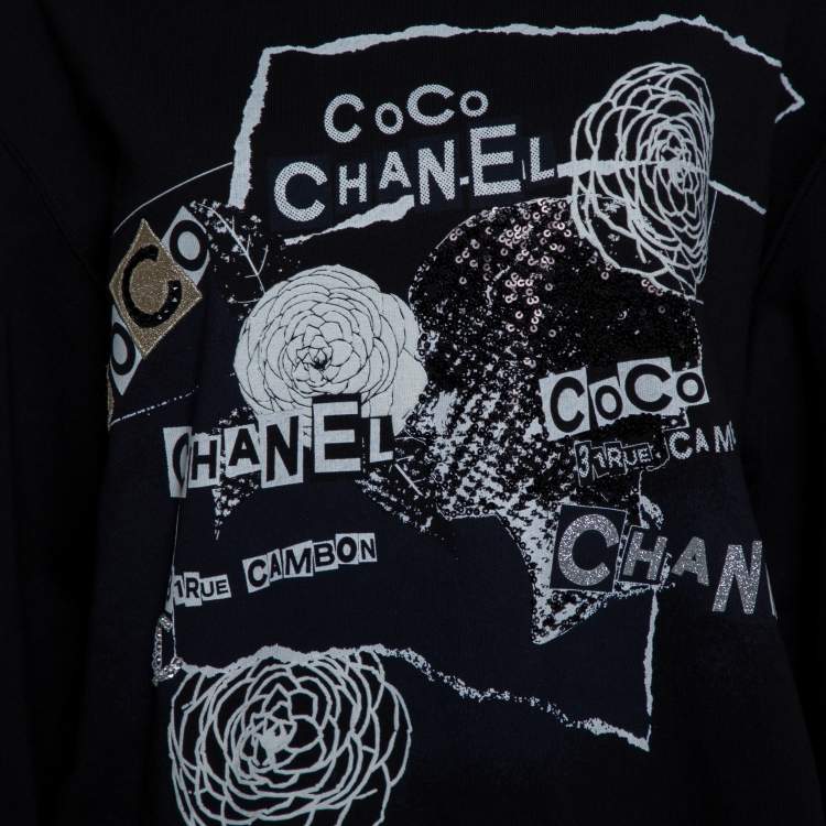 Pre Owned Chanel Black Printed & Embellished Cotton Long Sleeve Sweatshirt XL