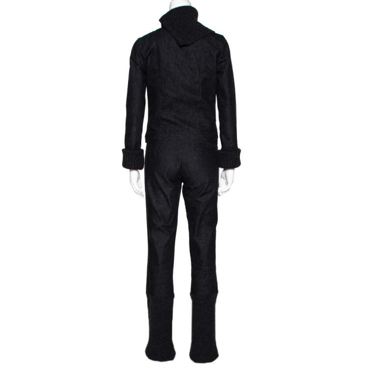 Pre Owned Chanel Charcoal Grey Denim & Rib Knit Pant Suit S
