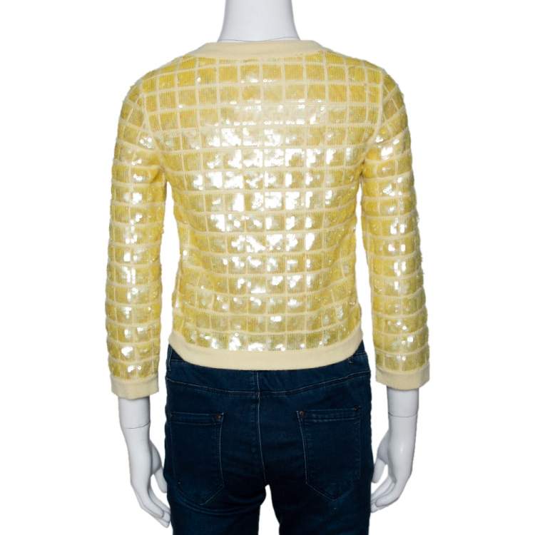 Pre Owned Chanel Yellow Sequined Cashmere Button Front Cardigan S