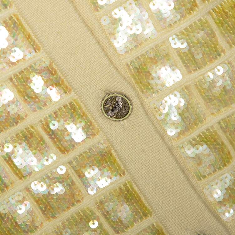 Pre Owned Chanel Yellow Sequined Cashmere Button Front Cardigan S