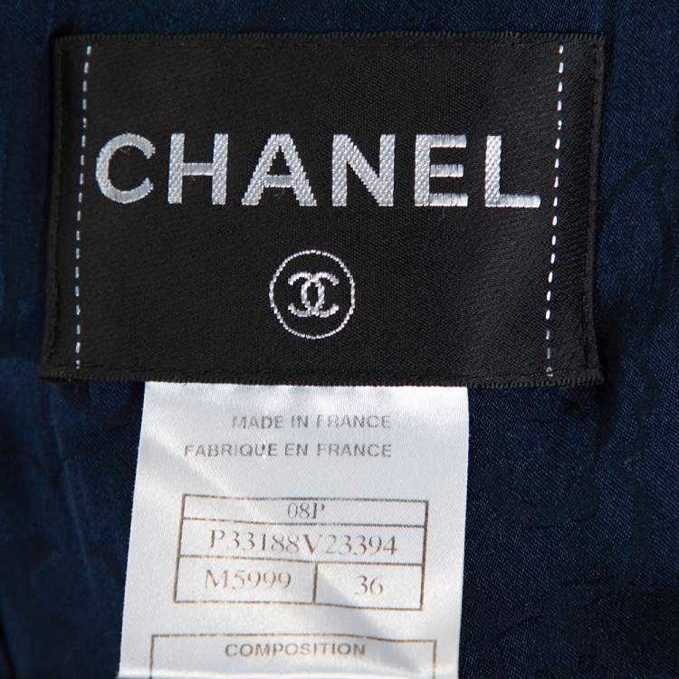 مملوكة مسبقًا Chanel Navy Blue Tweed Bamboo Blend Brooch Detail Jacket S