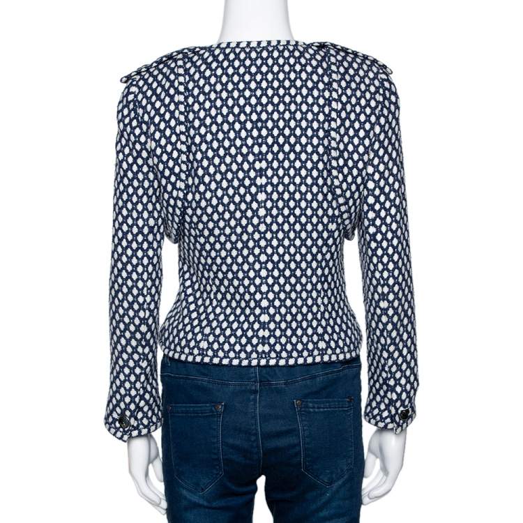 مملوكة مسبقًا Chanel Navy Blue Tweed Bamboo Blend Brooch Detail Jacket S