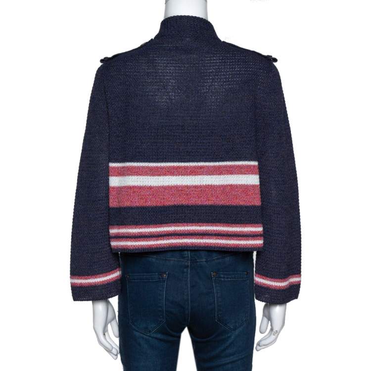 مملوكة مسبقًا Chanel Blue Cotton Blend Striped Open Front Cardigan M