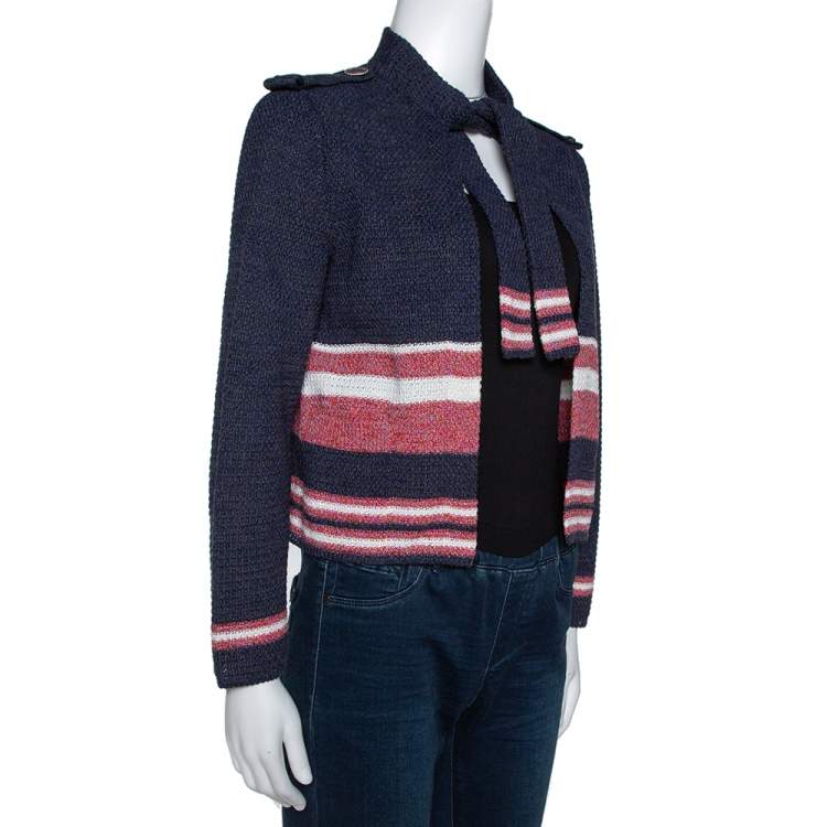 مملوكة مسبقًا Chanel Blue Cotton Blend Striped Open Front Cardigan M