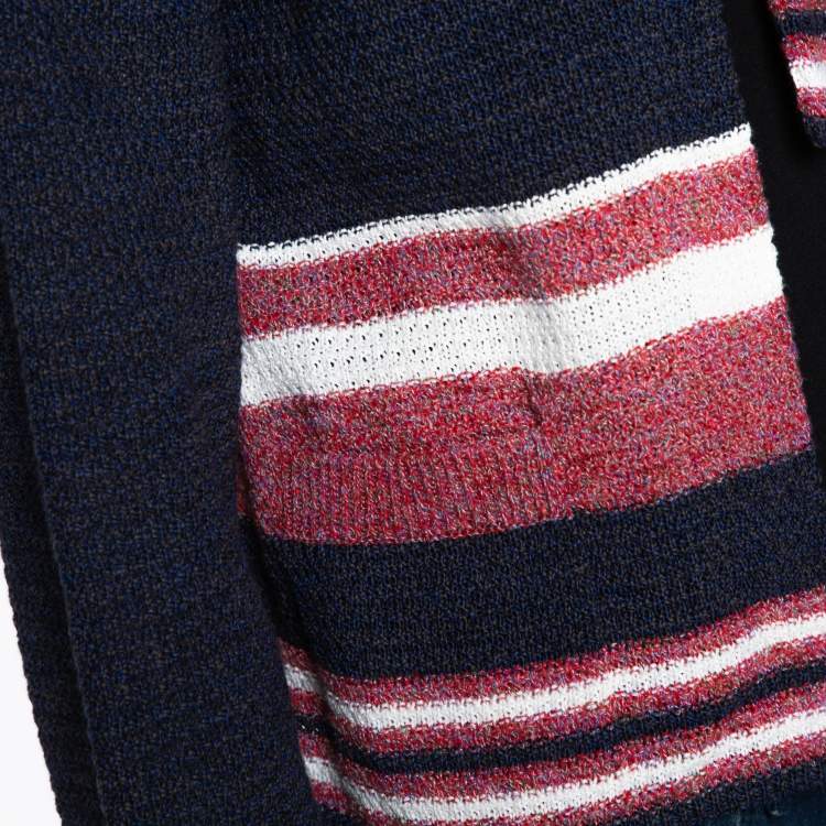 مملوكة مسبقًا Chanel Blue Cotton Blend Striped Open Front Cardigan M