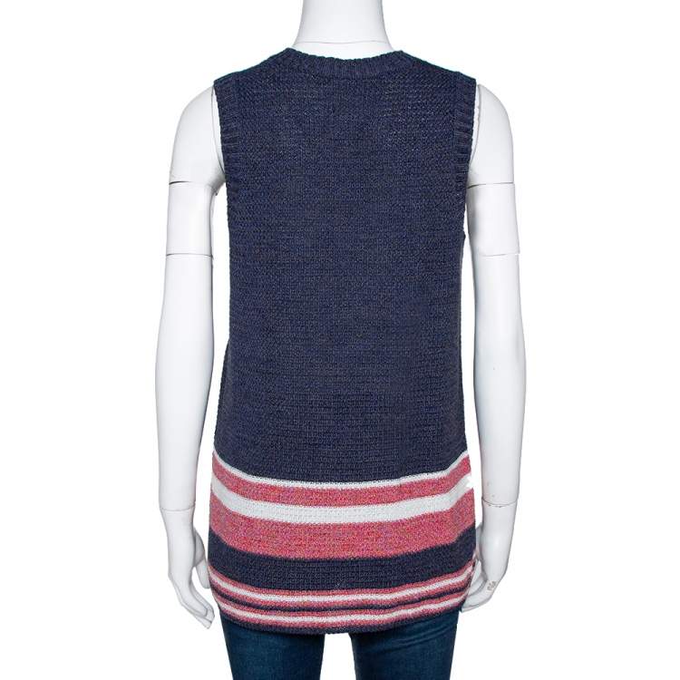 Pre Owned Chanel Blue Cotton Blend Striped Sleeveless Top M
