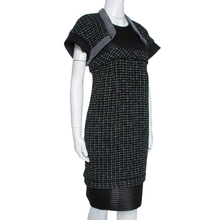 Chanel Black Boucle Knit & Mesh Short Sleeve Dress L Chanel