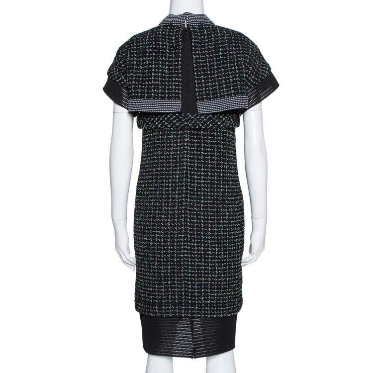Pre Owned Chanel Black Boucle Knit & Mesh Short Sleeve Dress L